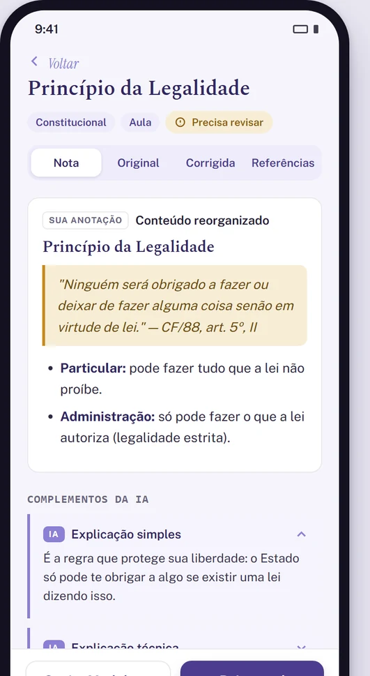 Nota de estudo processada no Anotus, com conteúdo organizado e complementos da IA identificados